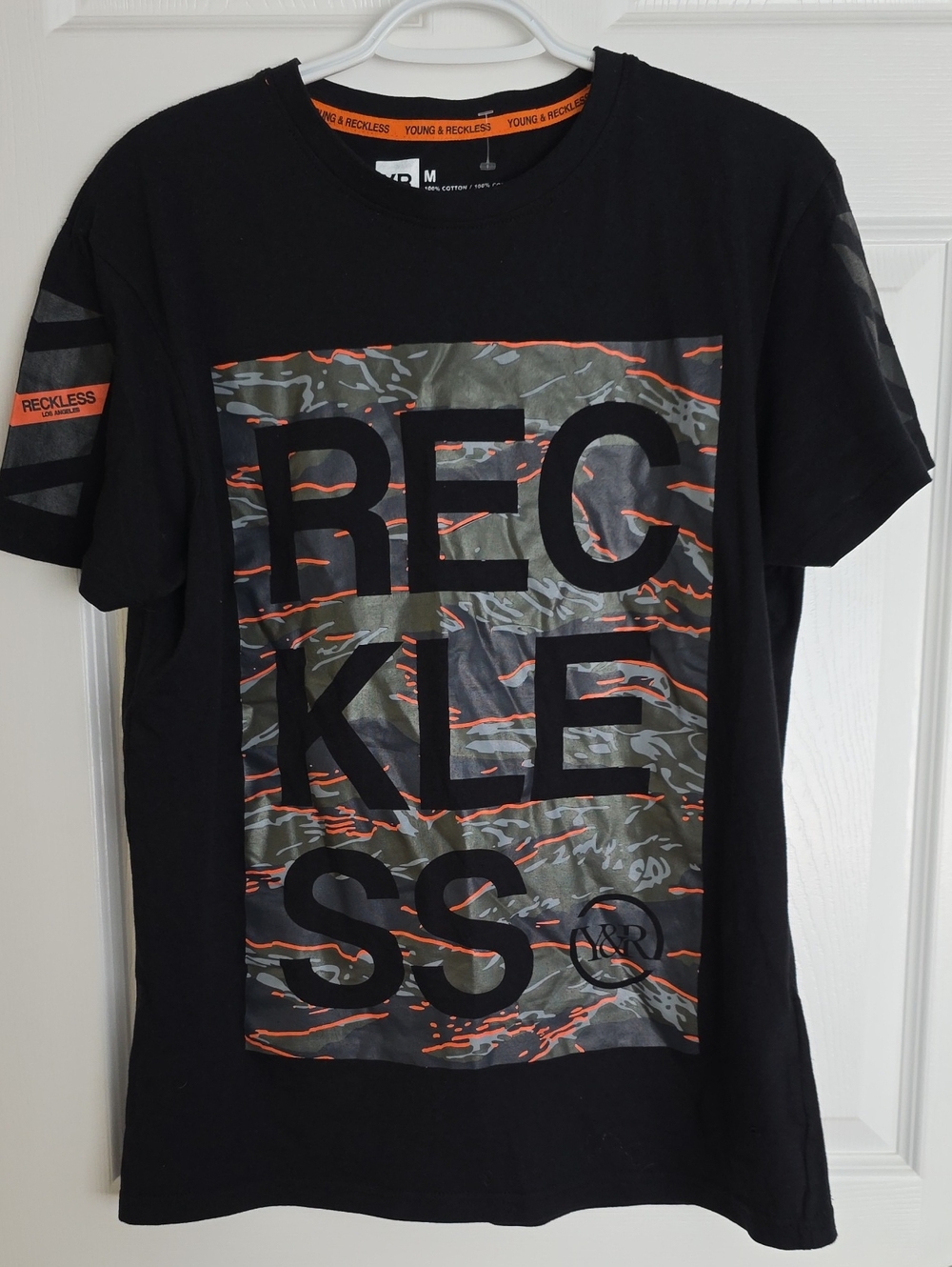 Young & Reckless Black Tee with Olive Camo & Orange Accent